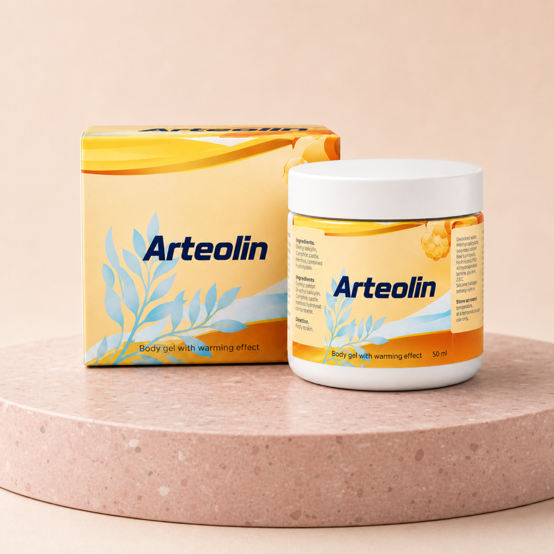 Borcanul Arteolin de 50 ml și cutia sa, așezate pe un postament rotund cu aspect de terrazzo, pe fundal piersică